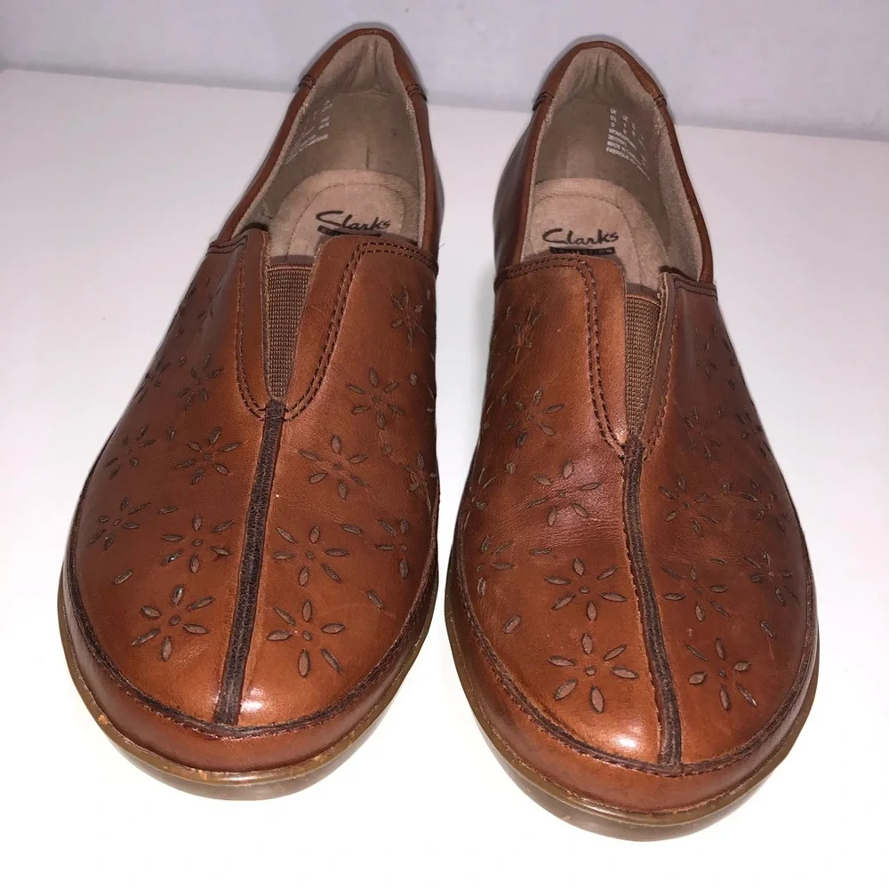 Women's Tan Leather Slip-On Flats with Floral Cutouts